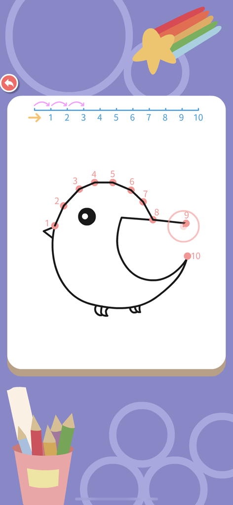 Preschool Maths 123 - Un juego educativo de matemáticas para niños que muestra una actividad de unir los puntos para dibujar un pájaro mientras aprenden los números del uno al diez.