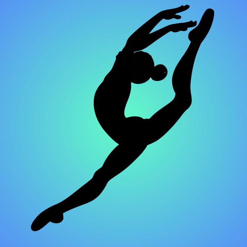 gymnast doing a leap in a leotard with a bent back leg