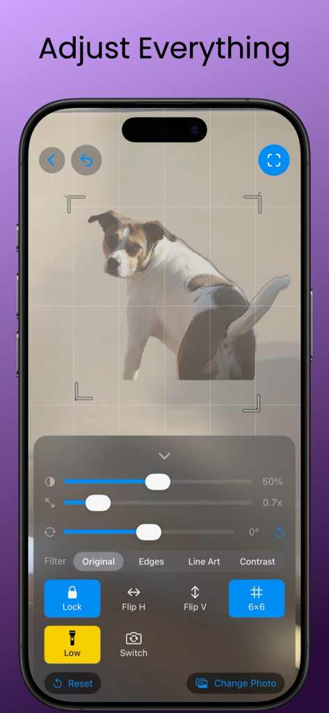 PhotoTrace: Camera Tracing - Mobile app interface showing adjustment sliders for opacity, scale, and rotation of a dog photo for tracing
