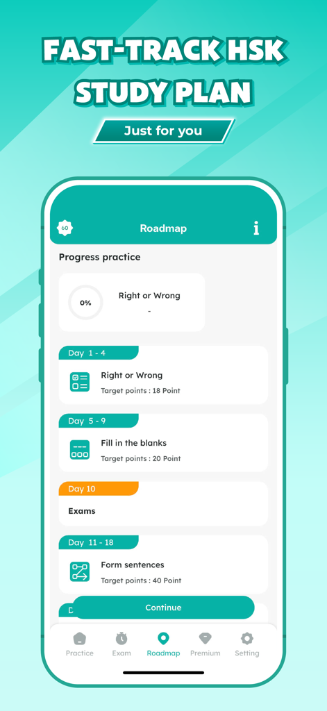 Chinese HSK Learn&Test: Migii - Migii HSKアプリのパーソナライズされた高速学習計画ロードマップ画面（日々のタスクと進捗状況の追跡を表示）