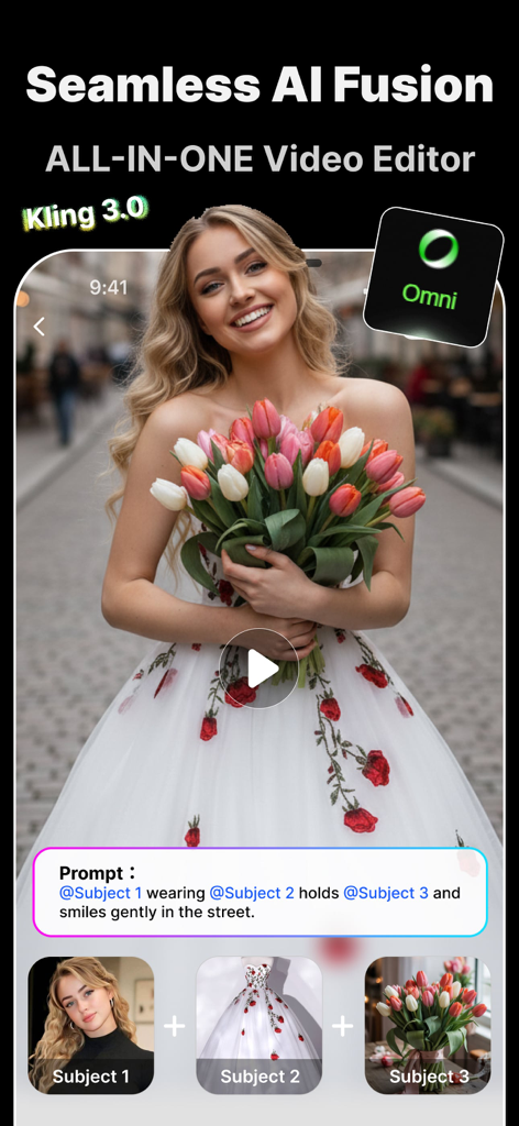 Snapana: AI Video Generator - Snapana app interface showing AI video fusion using multiple subjects for video generation