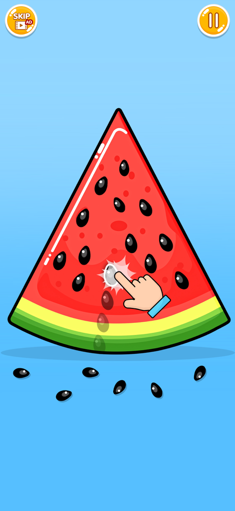 Tricky Tap - Finger Challenges - An oddly satisfying mini game where a hand picks seeds from a watermelon slice in Tricky Tap.