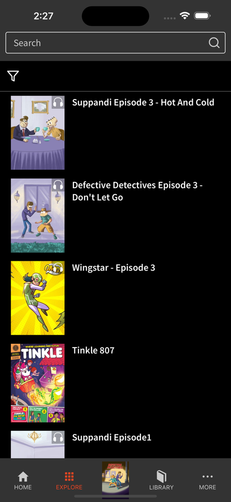 Explore section of the Tinkle Comics app showing a list of available comic episodes including Suppandi and Wingstar.
