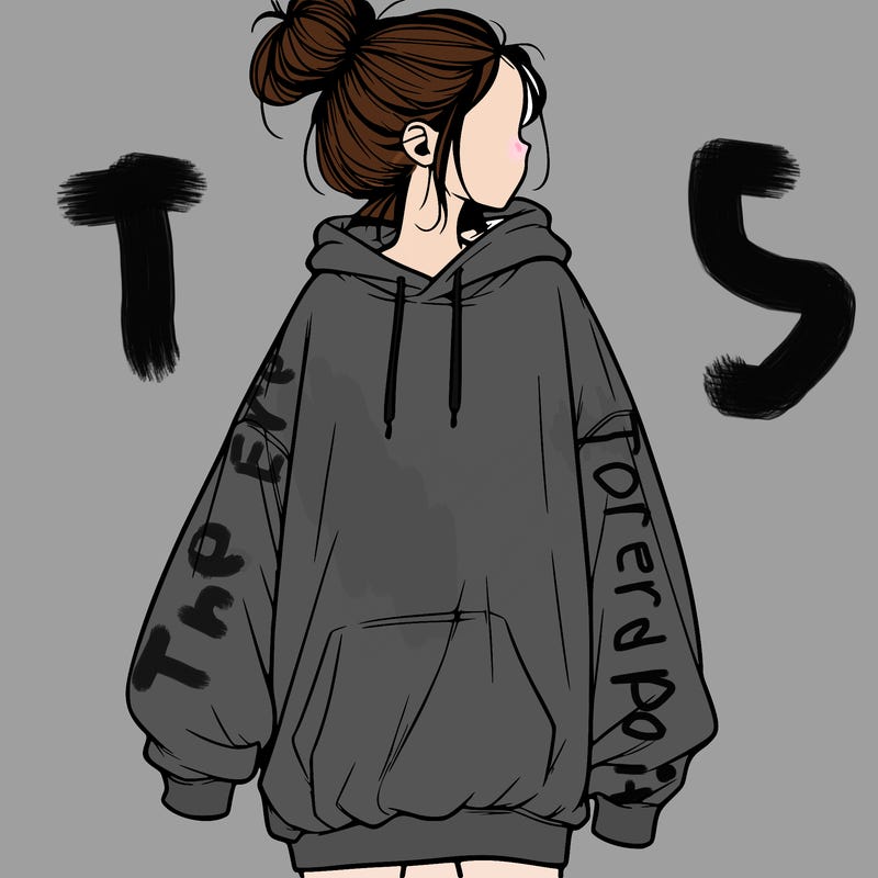 realistic girl with a oversized sweatshirt on and a bun
