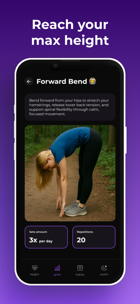 Interface of the Tallex app showing a woman performing a forward bend stretch exercise