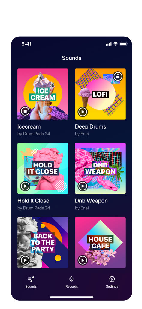 Loop Pads: DJ music beat maker - Un menú de vibrantes paquetes de sonido en la aplicación Loop Pads, incluyendo géneros Lofi House y DnB.