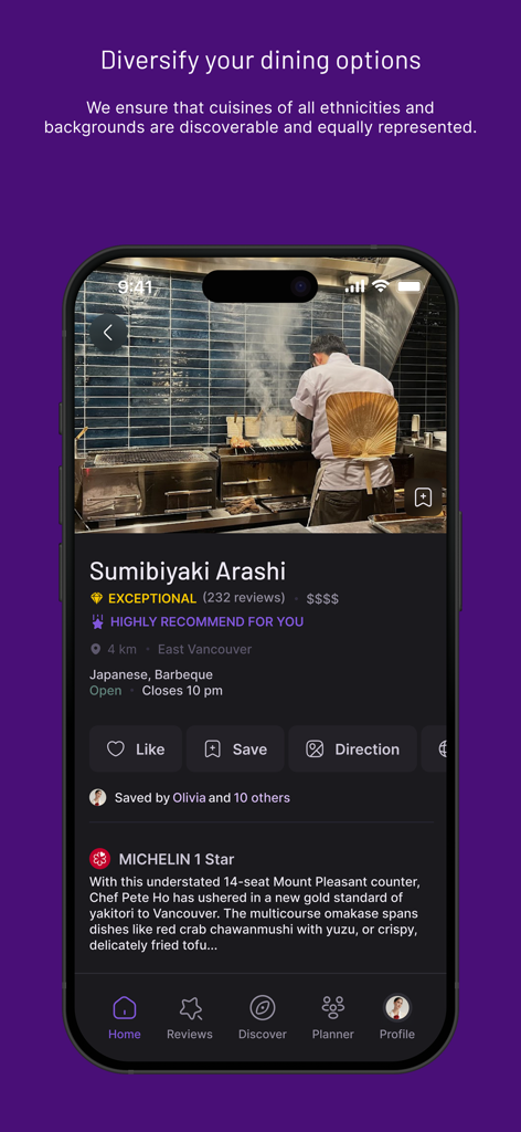 Personalized restaurant recommendation screen in the Umamii app featuring a Michelin star Japanese eatery.