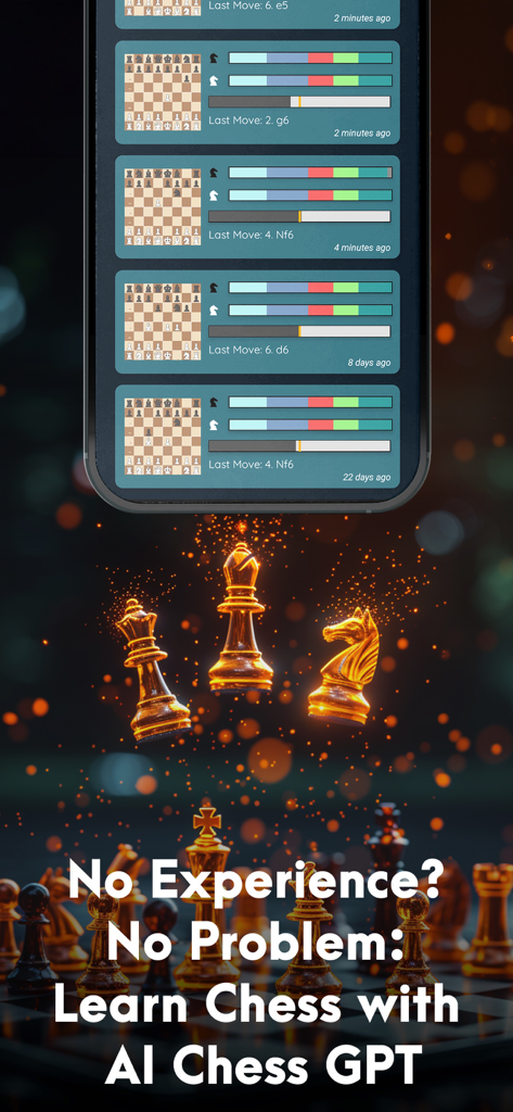 AI Chess GPT - Smartphone screen displaying chess game history and analysis with a Learn Chess message