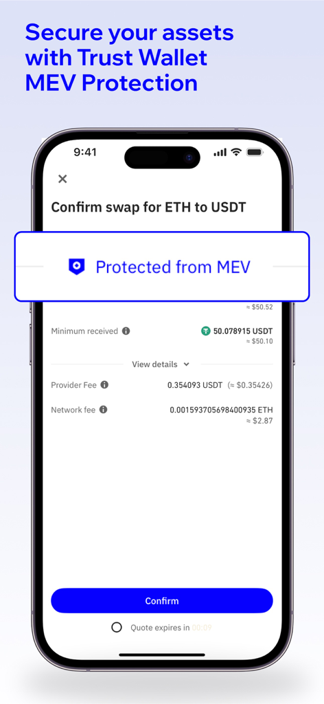 Trust Wallet mobile app interface showing MEV protection for a crypto swap transaction