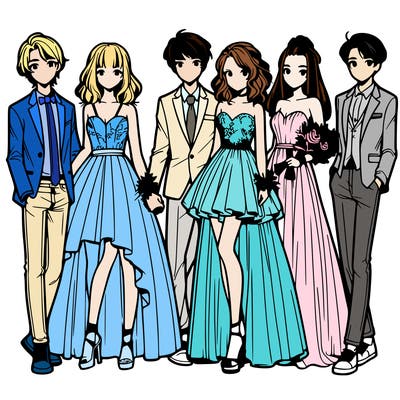 group of six teenagers in prom dresses