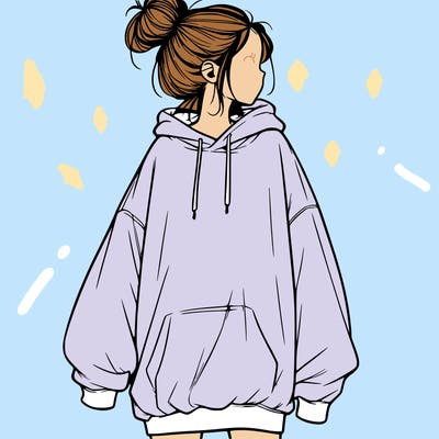 realistic girl with a oversized sweatshirt on and a bun