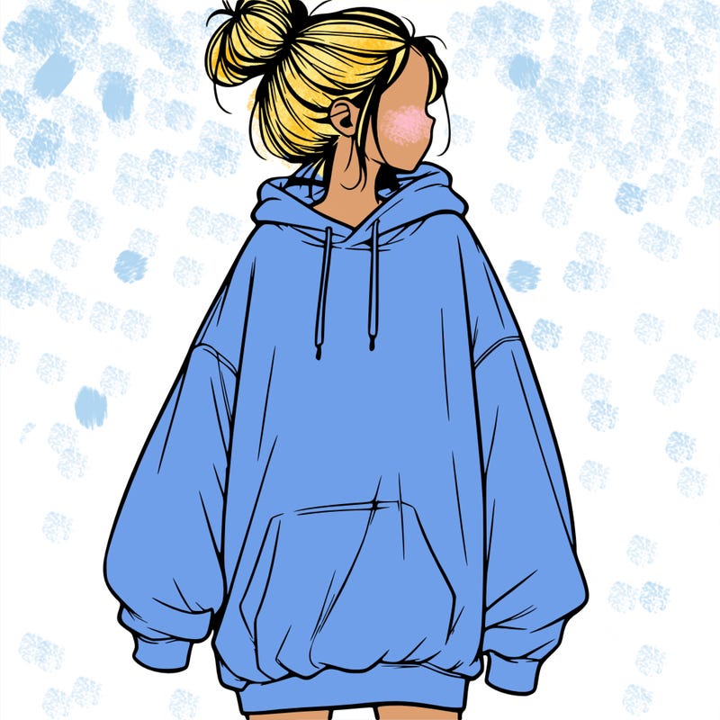 realistic girl with a oversized sweatshirt on and a bun