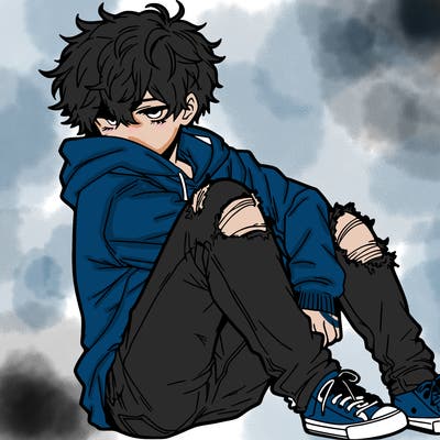 a male hoddie ripped jeans messy hair anime