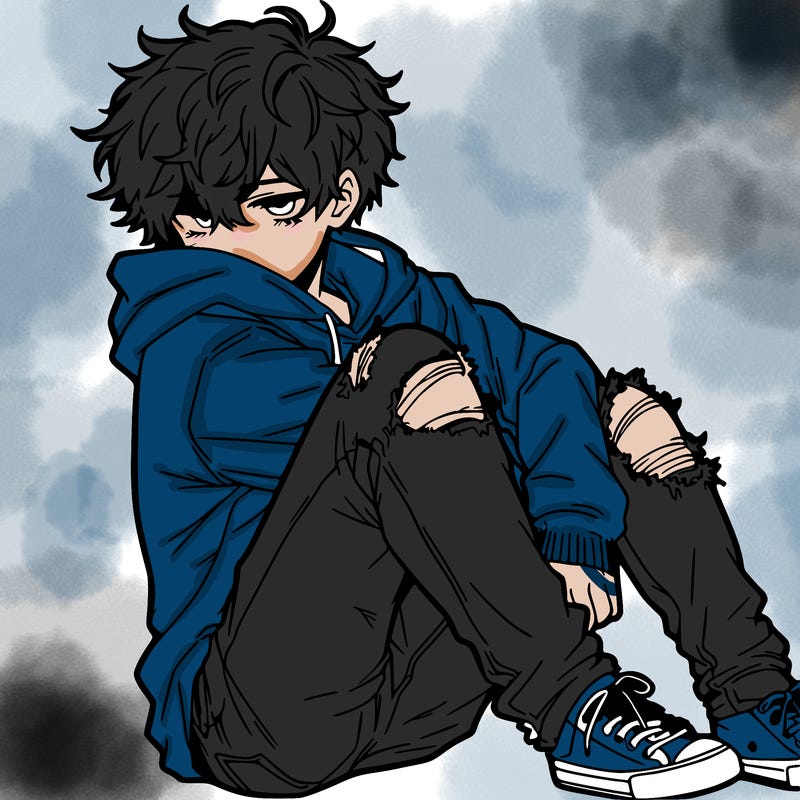 a male hoddie ripped jeans messy hair anime
