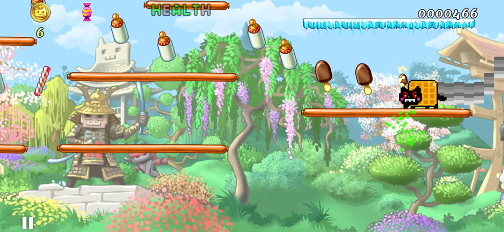 Nyan Cat: Lost In Space - Tac Nayn character jumping on hot dog platforms in a Japanese themed level with a samurai statue
