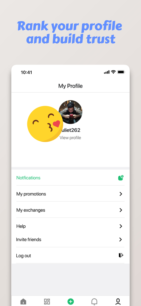 Marketplace app user profile screen showing profile details and account management options