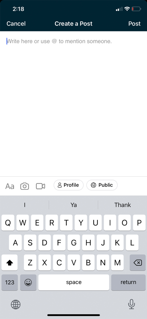 Alfafaa Community - A screenshot of the create a post screen in the Alfafaa Community app showing a text field and keyboard for sharing ethical content.