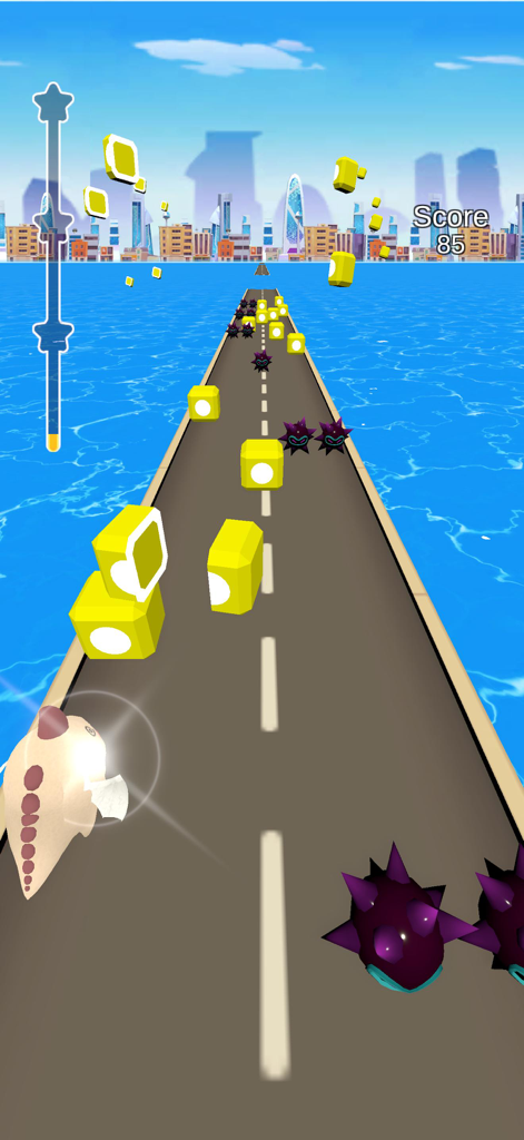 Beat Rush - Flying dinosaur hitting yellow cubes and dodging purple bombs in the Beat Rush rhythm game.