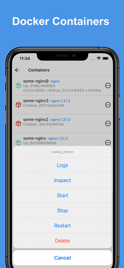 Docker Server Admin app interface showing a list of containers and a management action menu on an iPhone.