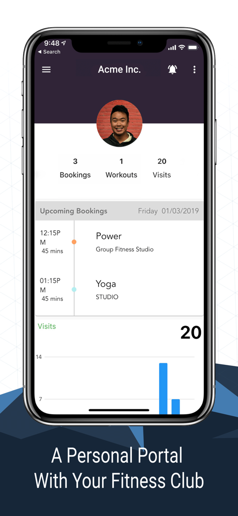 FTL Gym - Pantalla de smartphone mostrando el portal de miembros de FTL Gym con reservas de clases y estadísticas de visitas
