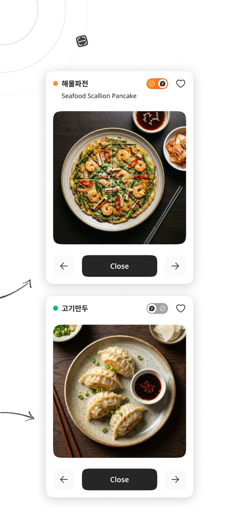 VisMe: Visualize Menu - AI menu translator app displaying visual previews and English translations for Korean dishes like seafood scallion pancakes and dumplings