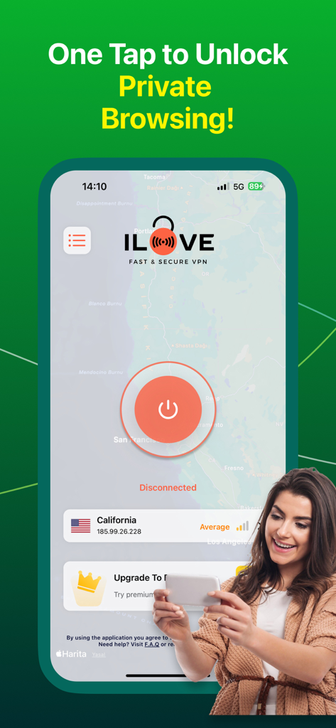 iLove VPN Wi-Fi Fast Free Wifi - iLove VPN mobile app interface on an iPhone showing a one tap button to unlock private browsing