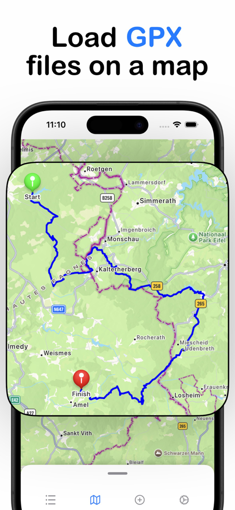 GPX viewer - map - Pantalla de iPhone que muestra una ruta GPX azul en un mapa topográfico con marcadores de inicio y fin.