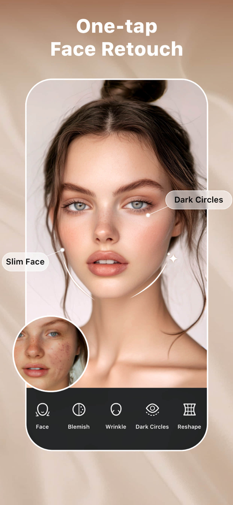 Interface of Polish AI Photo Editor showing face retouching tools for slimming the face and removing dark circles