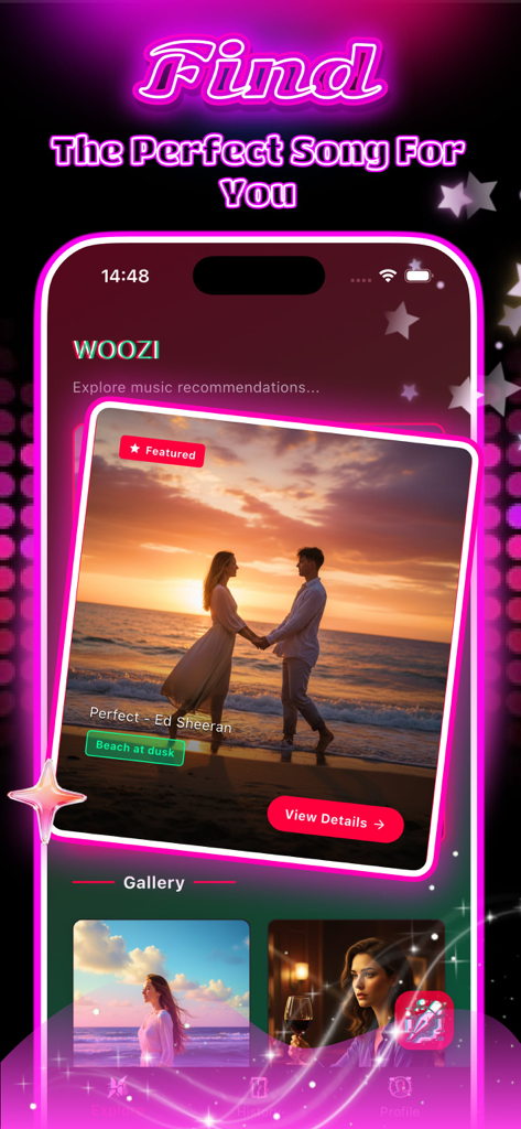 Woozi - Woozi app screenshot showing a music recommendation for a beach sunset photo with the song Perfect by Ed Sheeran