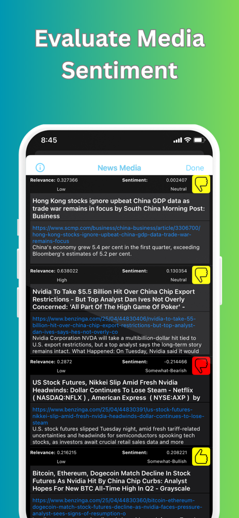 Company 360 - App interface displaying financial news sentiment analysis with relevance and sentiment scores for stock market news.