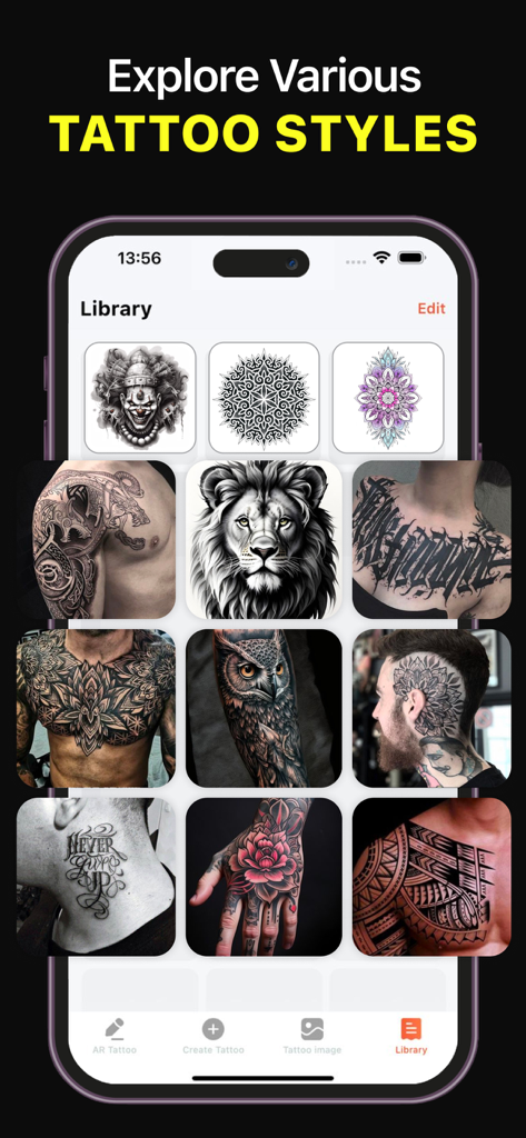 AI Tattoo Generatorアプリに、さまざまな体の部分にさまざまなタトゥーデザインとスタイルのライブラリが表示されている