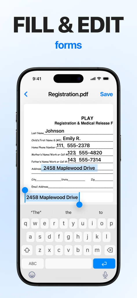 eSign: Fill, Sign Documents - Captura de pantalla de iPhone que muestra la aplicación eSign rellenando un formulario de registro digital