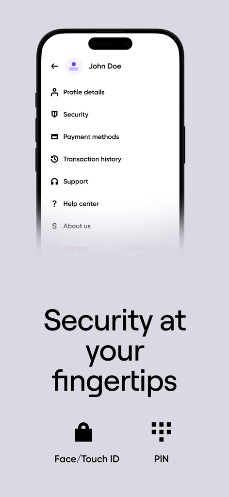 Security settings screen of the Simple crypto wallet app showing biometric Face and Touch ID options