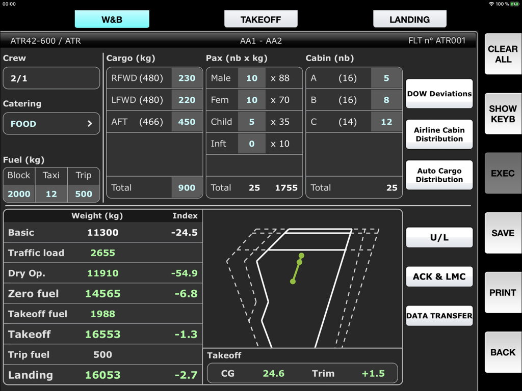 SPS - ATR aircraft performance - Weight and balance calculation screen for ATR 42-600 aircraft performance app