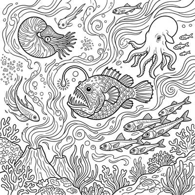 Unleash your creativity with this captivating deep sea creatures coloring page, specially designed for teens. Discover a vibrant underwater world filled with fascinating marine life waiting for your artistic touch.