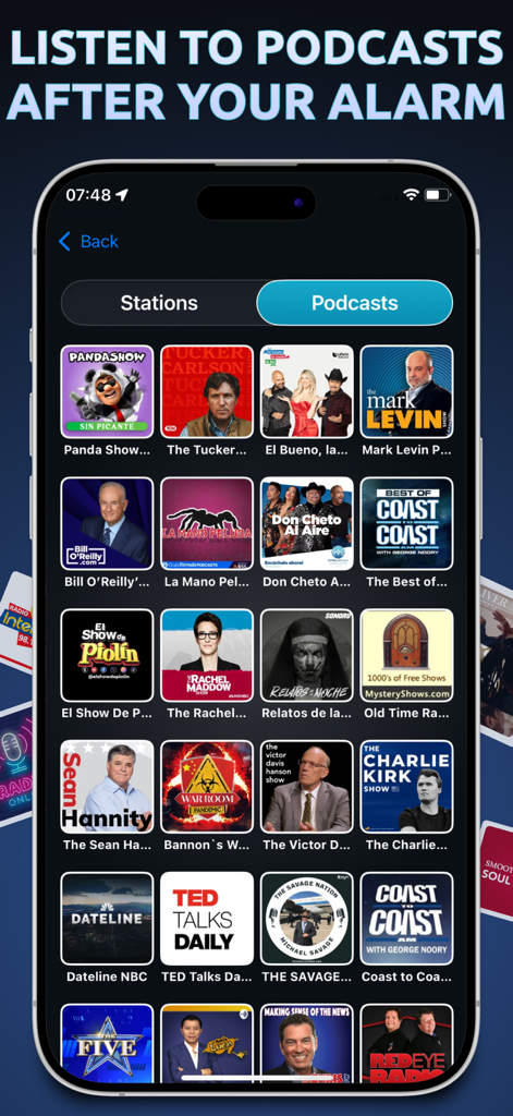 Alarm Clock App: myAlarm Clock - Screenshot dell'app myAlarm Clock che mostra una selezione di podcast da ascoltare dopo la sveglia.