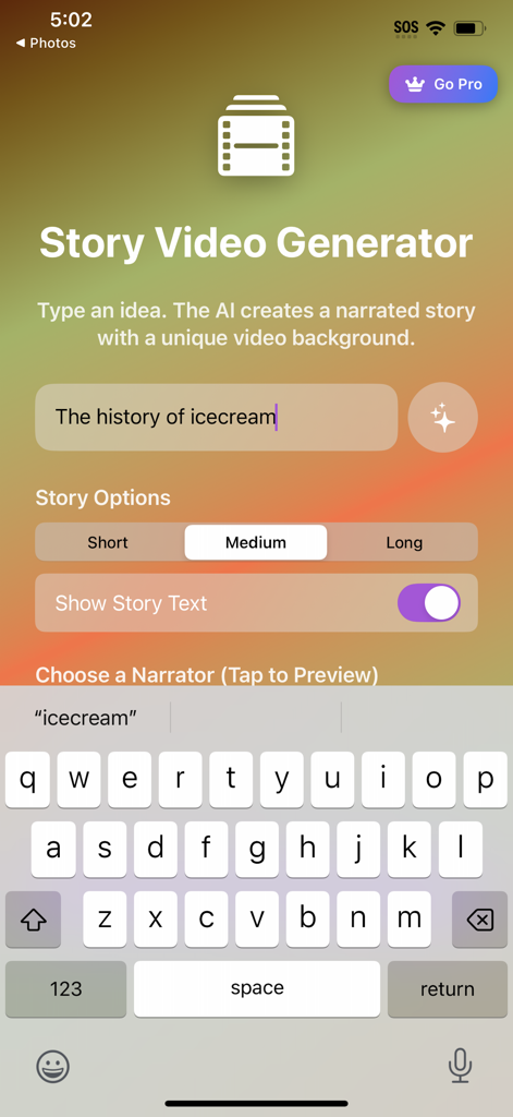 Flash loop - Flash loop app interface showing a prompt for the history of ice cream in the story video generator screen