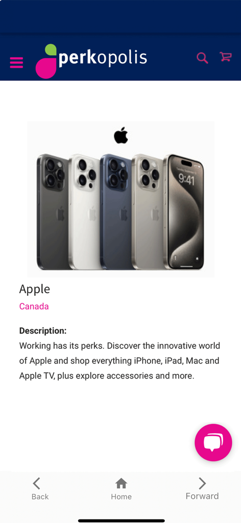 Pantalla de la aplicación Perkopolis Mobile que muestra descuentos exclusivos para miembros en productos Apple, incluido el iPhone.
