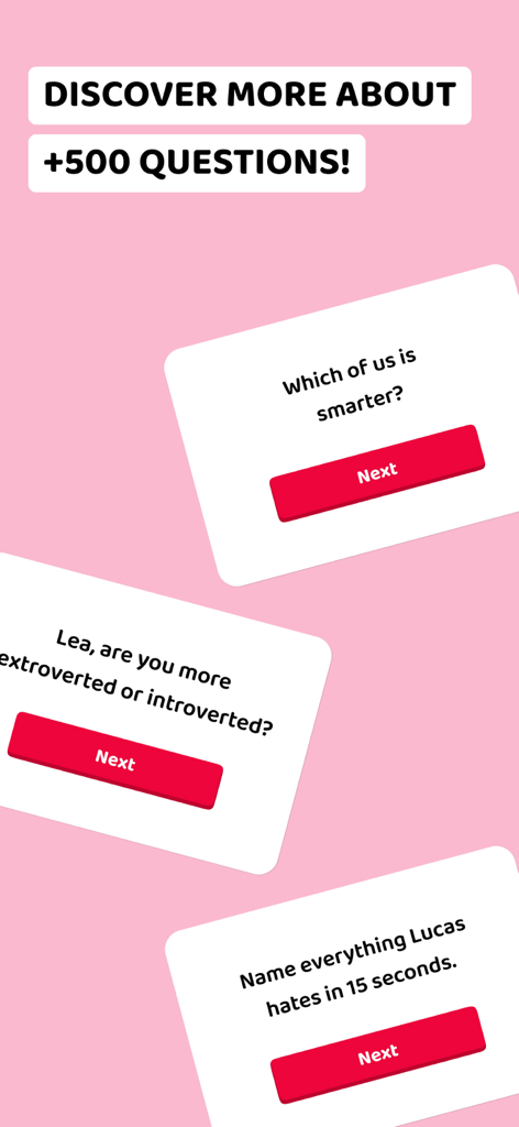 Bae: Couple game - Bae couple game app interface displaying various relationship quiz questions on cards.
