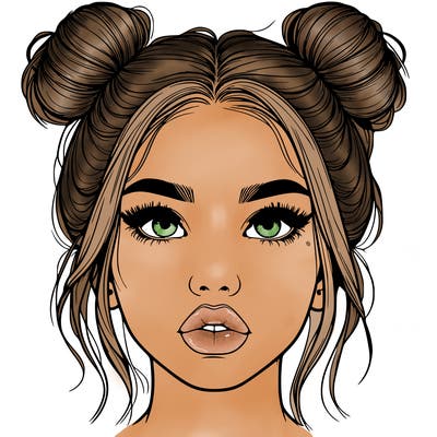 realistic girl with two buns on her hair and lips