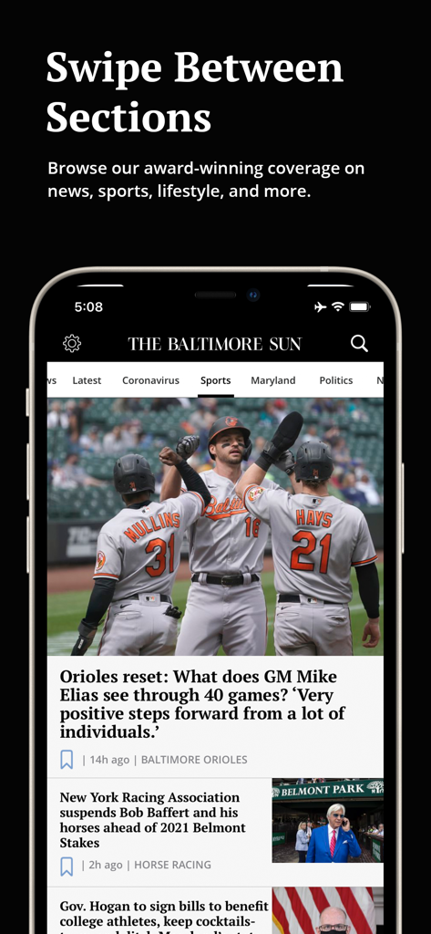 The Baltimore Sun - Screenshot of The Baltimore Sun app showing the sports section with news categories like Maryland and Politics