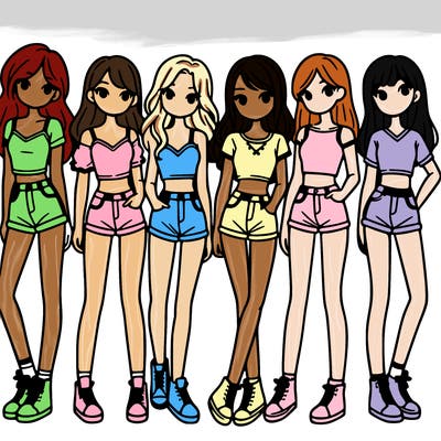 a group of girls wearing crop tops and shorts