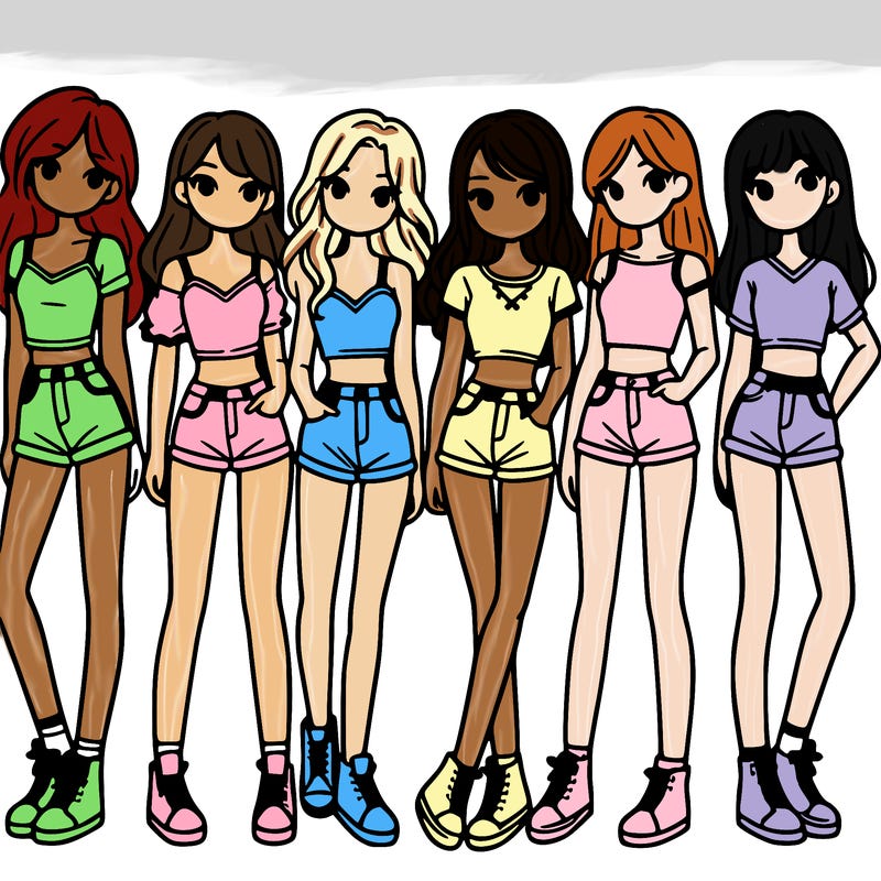 a group of girls wearing crop tops and shorts