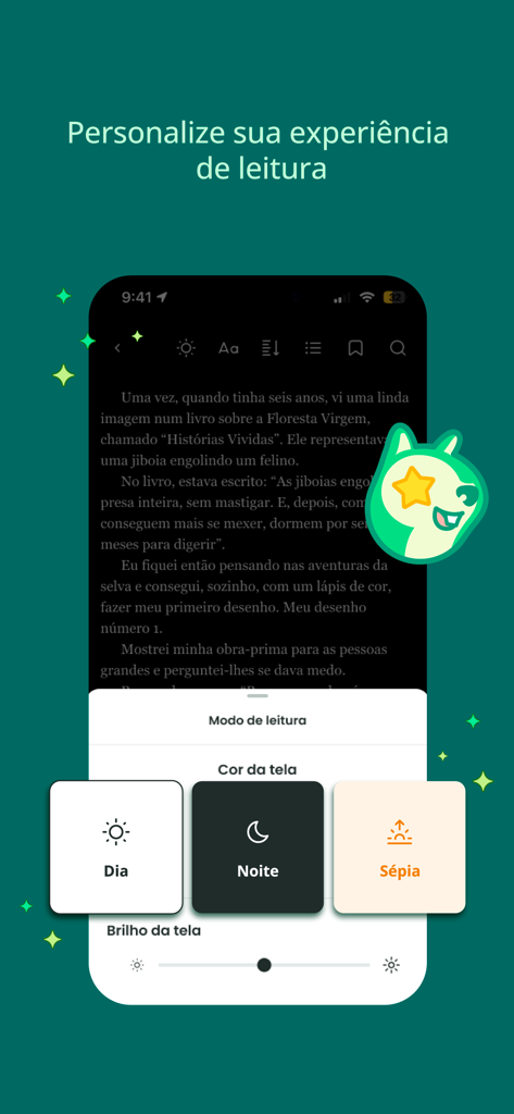 Eine mobile Benutzeroberfläche der Skeelo App, die Anpassungsoptionen für das Lesen zeigt, einschließlich Tag-, Nacht- und Sepia-Modi.