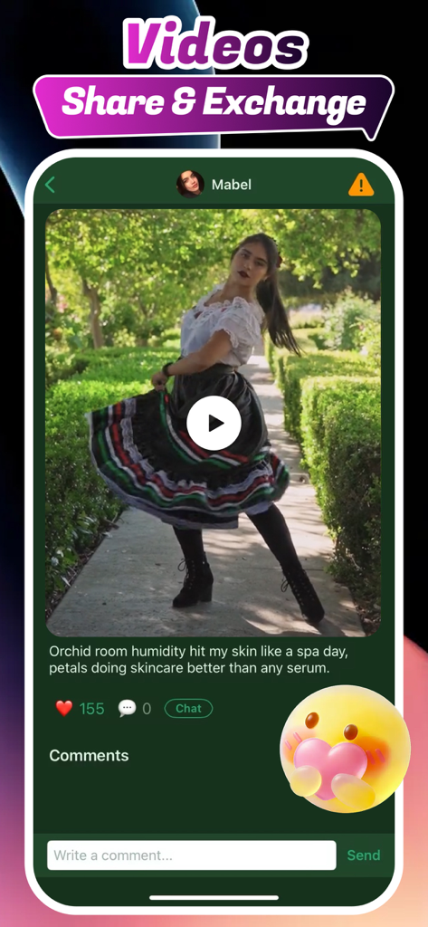 Zoen: Online Chat Friends - Zoenアプリのモバイルスクリーンショットで、植物に関するコミュニティの投稿とともに、ビデオ共有および交換インターフェースを示しています。