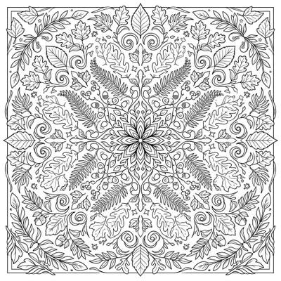 Discover the beauty of the fall season with this stunning fern mandala. Intricately designed with autumnal leaves and acorns, it offers a relaxing and creative escape.