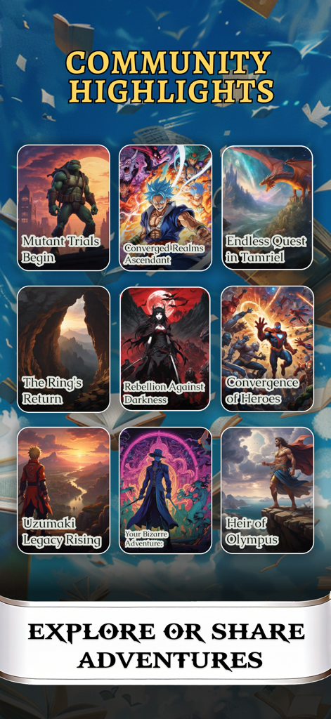 AI Game Masterアプリのコミュニティ作成アドベンチャーとハイライトを示すギャラリー。
