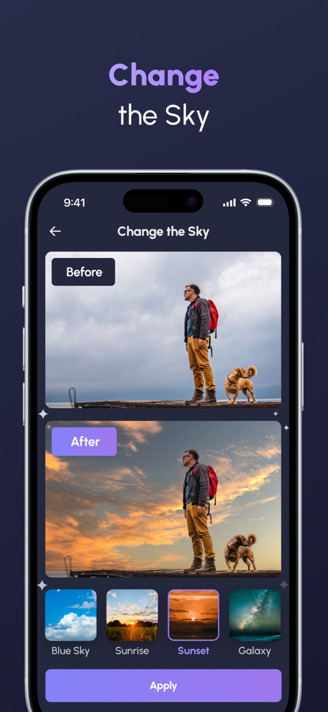 Una interfaz móvil de Magic Cleaner que muestra una comparación de antes y después de una función de reemplazo de cielo con IA en una foto de un hombre y un perro.