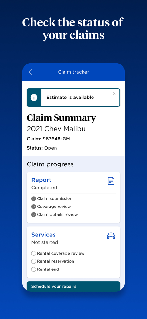 Rastreador de sinistros do aplicativo Nationwide Mobile mostrando o progresso e o status de um sinistro de seguro automotivo
