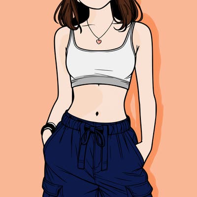 realistic girl wearing a crop top and a baggy pair of cargo pants